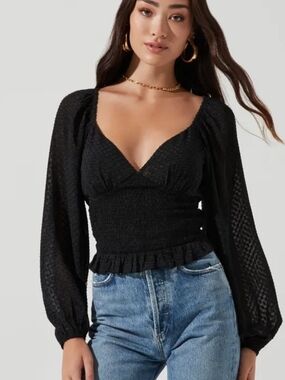 ASTR the Label Black Smocked Crop Top Balloon Sleeve - Size L